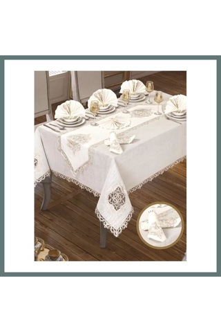 Ventra Lisa Linen Krem 26 Parça 12 Kişilik 160 260 Cm Çeyizlik Premium Yemek Masa Takımı Ventra