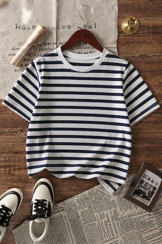 Makentmoda Çocuk Yazlık Orta Kalınlıkta Çizgili T-shirt Beyaz