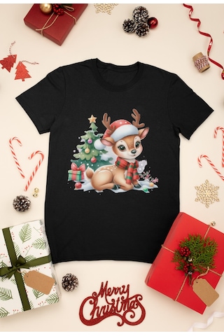 Stil X Yeni Yıl Baskılı Unısex Çocuk Tshırt, Chrıstmas Temalı, %100 Pamuklu Siyah