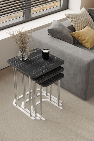 3' Lü Kare Zigon Sehpa Gümüş Ayak Siyah Mermer 18 Mm Mdf Gümüş - Siyah Mermer