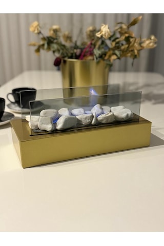 Arif Şömine Metal Gold Renk Masa Üstü Şömine Sertifikalı Yakıt Ve Dekoratif Taş