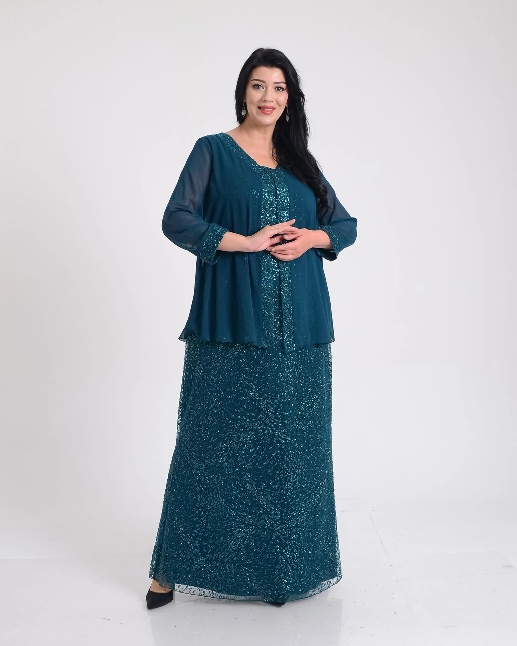 Lilas Xxl Büyük Beden Yeşil Renkli Glitter Baskı Dantelli Şifon Ceketli Uzun Abiye Elbise Yeşil