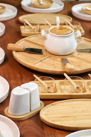 Atbyhome 12 Kişilik 63 Parça Seramik - Bambu Kahvaltı Takımı - Lüx Kahvaltılık Sunum Seti Kahverengi