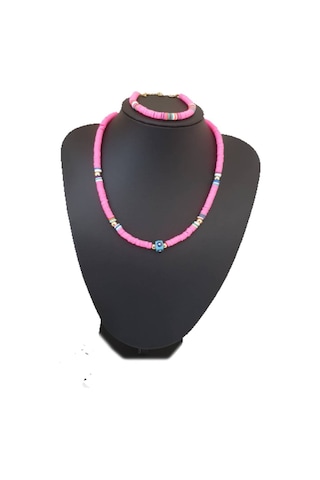 Fimo Soft Nazar Boncuklu Kolye ve Bileklik Seti  Pembe