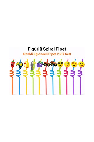 12'li Figürlü Renkli Eğlenceli Spiral Pipet