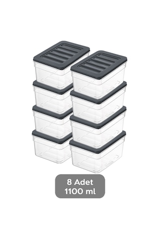 8'li Derin Mikrodalga Uyumlu Organizer Set Düzenleyici Gıda Erzak Saklama Kabı 1100 ML Antrasit