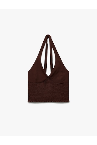 Koton Viskon Halter Yaka Boyundan Bağlamalı Kolsuz Gipeli Crop Bluz Kahverengi 5sal30041ıw Kahve