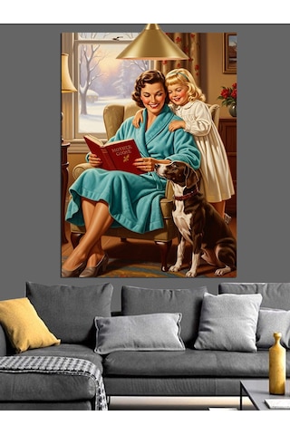Mutlu Aile Köpekleri İle Retro Dekoratif Kanvas - Mdf Ahşap Tablo