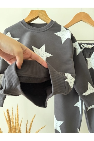 Magu Çocuk Pamuklu Yıldız Desenli Antrasit Sweatshirt Ve Eşofman Altı Takımı Çok Renkli