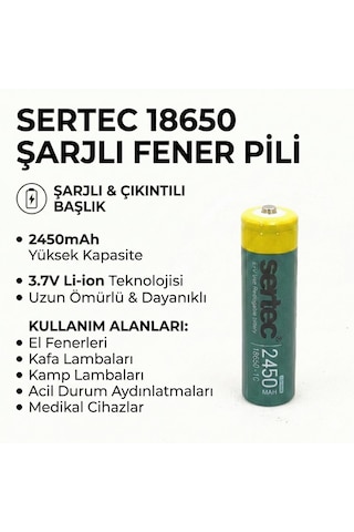 Sertec 18650 1c Şarjlı Pil 2450mah Çıkıntılı Başlıklı Fener Pili 3.7v Li-ion 4lü
