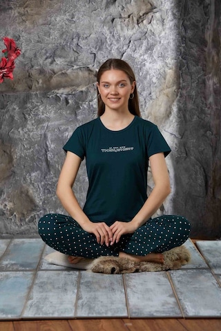 Lukitus Sıfır Yaka Kısa Kol Milan Kumaş Kadın Pijama Takımı Yeşil