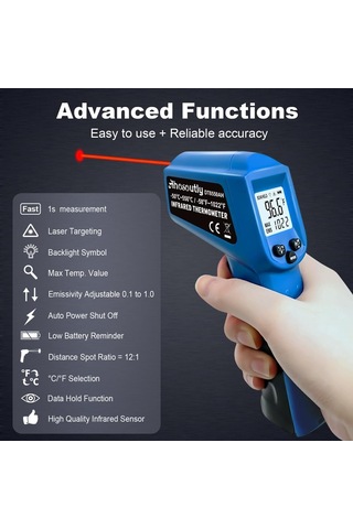 Kızılötesi Termometre Sıcaklık Tabancası -50 380 -50 380 Temassız Anında Okunan Dijital Lazer Kızılötesi Ir Termometre Arka Aydınlatmalı Mavi