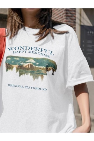 Kadin Beyaz Oversize Wonderful Baskılı T-shirt Beyaz