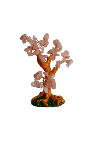 Pembe Kuvars Doğal Taşlı Hayat Ağacı Biblo - 16x14 Cm El Yapımı E