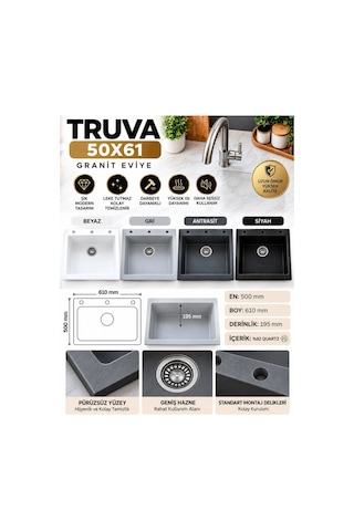 Granit Evye Truva Series Siyah Renk En:500mm Boy :610 Mm Derinlik :195 Mm