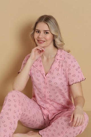 Wordex Mirano 1711 Kalp Desenli Pointel İnce Kumaş Düğmeli Kısa Kollu Kadın Pijama Takımı Pembe