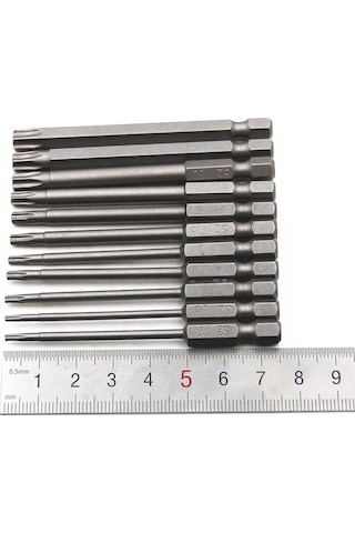 Aubyhe S2 Çelikten Yapılmış 11'li Uzun Torx Uç Takımı 75mm - T6-t40 Aralığı, Yüksek Sertlik, Kayma Engeli, Hexagonal Sap