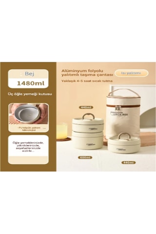 Padalink 304 Paslanmaz Çelik Isı Saklama Yemek Kutusu, Damlacık Önleyici, Ergonomik Kollü, 3'lü Set 2x440ml + 1x600ml + Isı Yalıtkan Çanta - Okul, Ofis, Dışarıda Kullanıma Ideal Bej