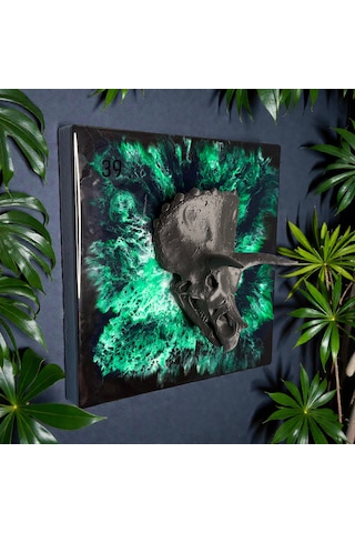 3d Triceratops Kafatası Yeşil Epoksi Duvar Tablosu, El Yapımı Heykelsi Sanat Eseri, 35x35 Cm, Modern & Statement Tasarım 35 x 35 CM