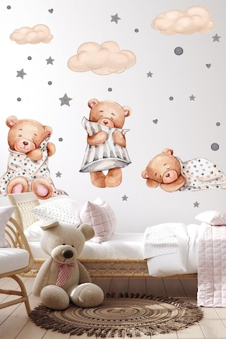 MSticker 3'lü Uyuyan Ayıcık Bulutlar Ve Yıldızlar Çocuk Bebek Odası Sticker Seti Pembe
