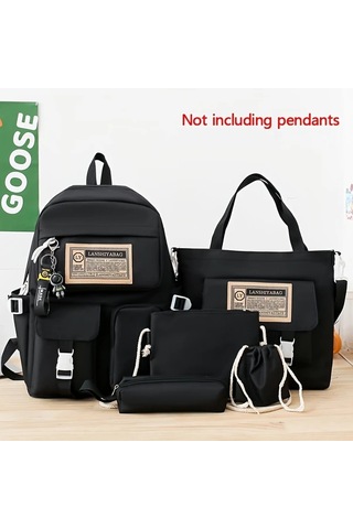 Honeybeeshop Gri 5 Adet Preppy Stil Okul Sırt Çantası Seti Tote Mesajcı Kalemlik Hediyeli