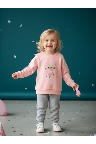 Zekids Kız Bebek Pamuklu Köpek Baskılı Eşofman Takımı-16567 Pembe