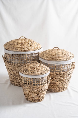 Soléa Hasır 3 Lü Kapaklı Sepet Seti Krem