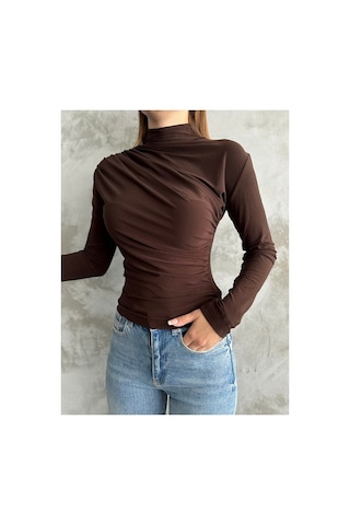 Unika Boutique Kadın Kahverengi Dik Yaka Omuz Ve Bel Büzgülü Uzun Kollu Bluz