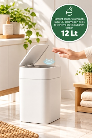 12 Lt Hareket Sensörlü Çöp Kovası Otomatik Kapaklı Sessiz Kapanan Modern Tasarım Beyaz