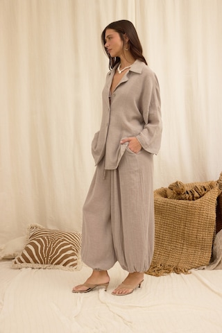 Mai Collection Cozy Şal Detay Vizon Üçlü Gömlek Pantolon Keten Takım