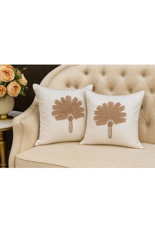 Goldroom Home Özel Tasarım 2 Li 5d Nakışlı Dekoratif Kırlent Kılıfı Krem Vizon