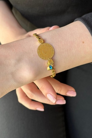 Zümrüt Sarraf 14 Ayar Altın Nazar Boncuklu Çeyrekli Bileklik Sarı Altın