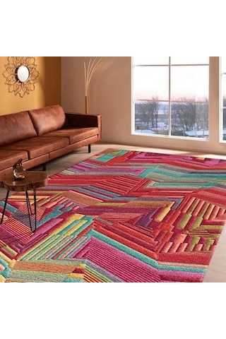 Aubrees Desenli Kadife Pamuk Tabanlı Yıkanabilen Kaydırmaz Antibakteriyel Salon Halısı 120x180 Çok Renkli
