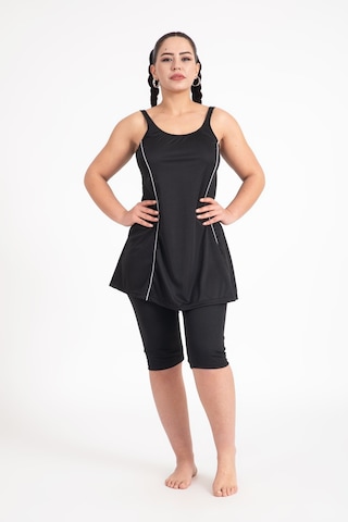 Kadın 502 Büyük Beden Şeritli Taytlı Elbise Mayo Siyah-siyah 31562 - 1 Siyah