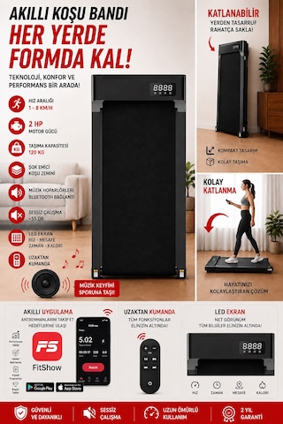 Akıllı Koşu Ve Yürüyüş Bandı Hoparlörlü, Katlanabilir, Lcd Ekran, Fitshow Uyumlu