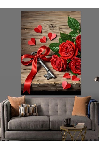 Kırmızı Güller Romantik Anahtar Dekoratif Kanvas - Mdf Ahşap Tablo