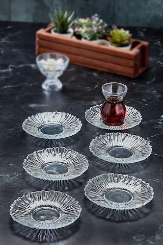 6 Lı Trend Özel Tasarım Kristal Cam Çay Tabağı Kase