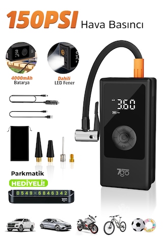 7go 7a3 Hava Pompası & Powerbank 150 Psı Ultra Basınç, Led Işıklı, Lcd Ekranlı, 4000mah Taşınabili
