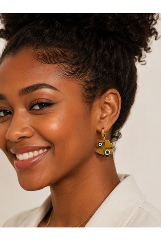 Çelik Nazar Boncuklu Dört Yapraklı Yonca Sallantılı Kadın Küpe altın
