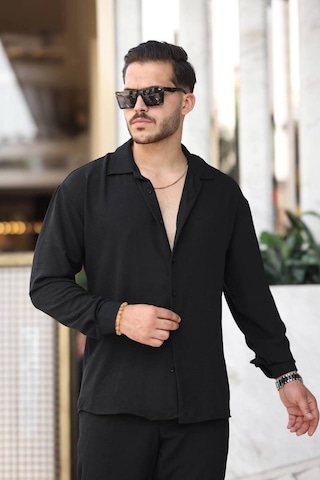 Tex Republic Erkek Siyah Rahat Kesim Dokulu Oversize Salaş Aerobin Gömlek Siyah