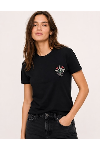 Yubistitch Tshirt Nakış İşlemeli Demet Çiçek- Penye-siyah