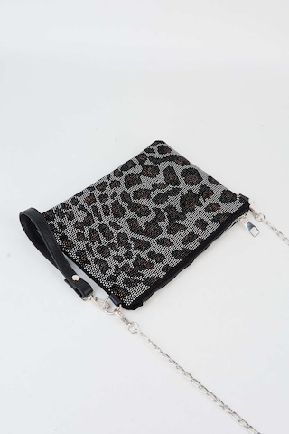 Vivaq Kadın Leopar Gümüş Taşlı Süet Bilek Askılı Ve Zincir Askılı Portföy El Ve Clutch Çanta SİYAH