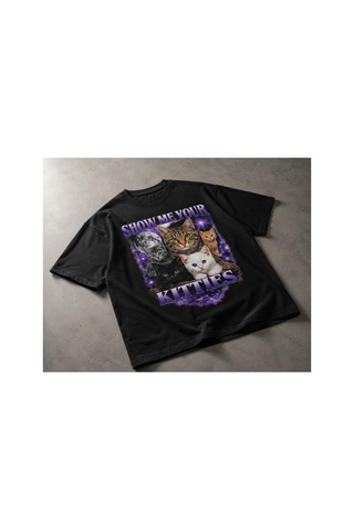 Yolo Street Oversize Siyah Unisex Tişört %100 Pamuk Show Me Your Kitties Kedi Baskılı Vintage Grafik Siyah11
