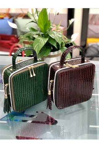 Sentt Deri Kare Taşlı Çanta Koyu Yeşil