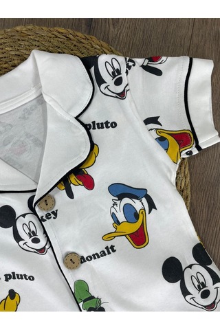 Kruvaze Yaka Önden Düğmeli Rahat Kalıp Yazlık Erkek Bebek Pijama Takımı %100 Pamuk 4bb2 Beyaz