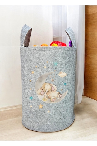 Unisex Uykucu Fil Desenli Bebek Çocuk Odası Düzenleyici Saklama Kutusu Oyuncak Kirli Sepeti 50x40 Cm Gri