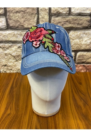 Hamze Jean Kot Denim İndigo Kumaş Taşlı Gül Desenli Beyzbol Cap Şapka Açık İndigo