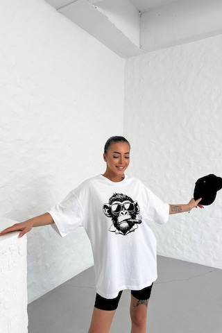 Technomonkey Unisex Beyaz Oversize Techno Maymun Baskılı Tişört