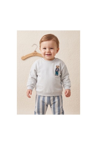 Çıtırkids Erkek Bebek Ayıcık Nakışlı Çizgili İki İplik Pamuklu Sweatshirt Alt Üst Takım Gri
