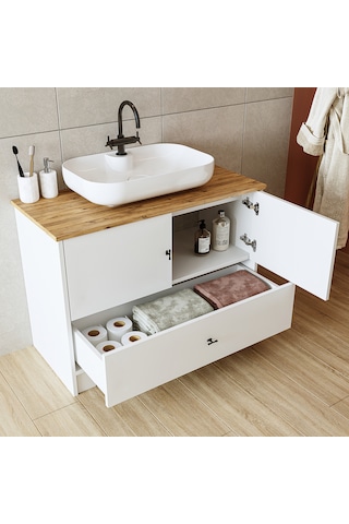 Oval Lavabolu Ayaklı 2 Kapaklı Çekmeceli Mdf 100 Cm Banyo Aria Atlantik Çam - Beyaz